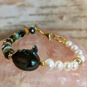 Emerald Glass Beads & Natural Freshwater Pearls In Assymetrical Bracelet